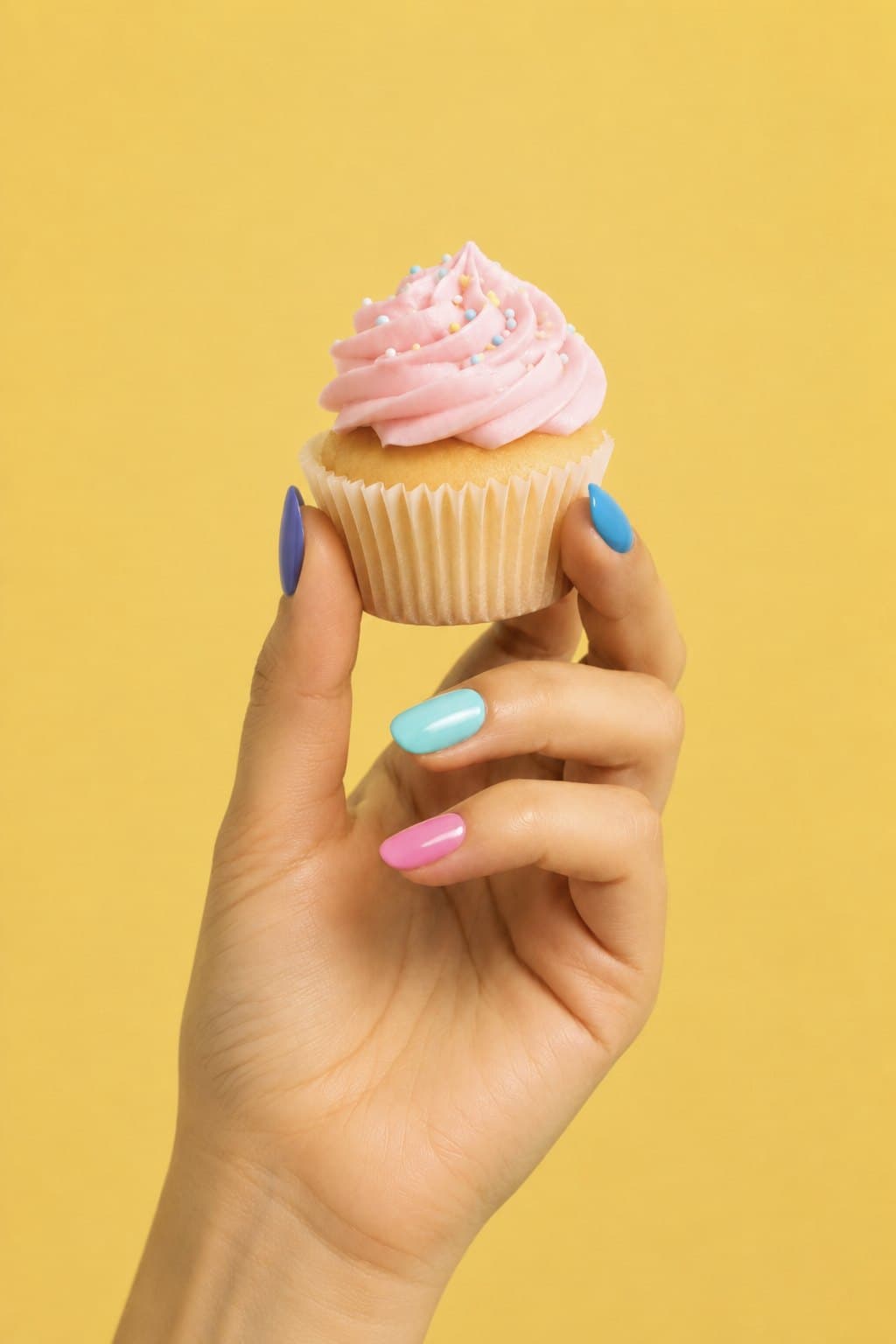Una mano con uñas pastel sostiene un cupcake de glaseado rosa